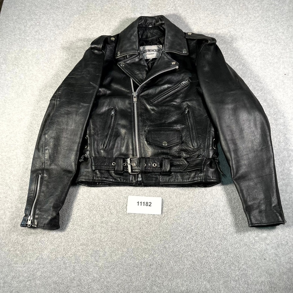 Unik Motorcycle Jacket Men 36 Black Leather Side Lace Up Detail Asymmetrical Zip